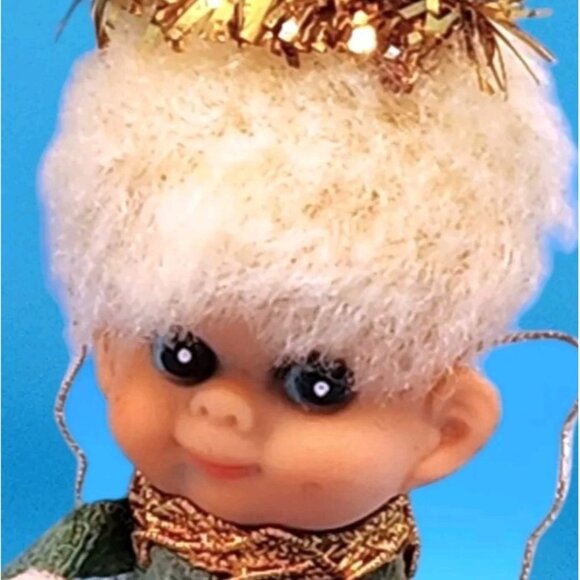 Vintage 1950s Napco Pixie Angel Knee Hugger Ornament Japan Green Felt Gold Halo - Picture 3 of 10